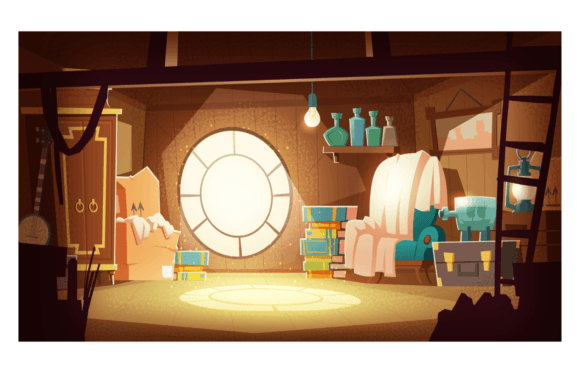 Download House Attic with Old Furniture, Dust Flying in the Air, Cartoon Vector Background - Vector Collection